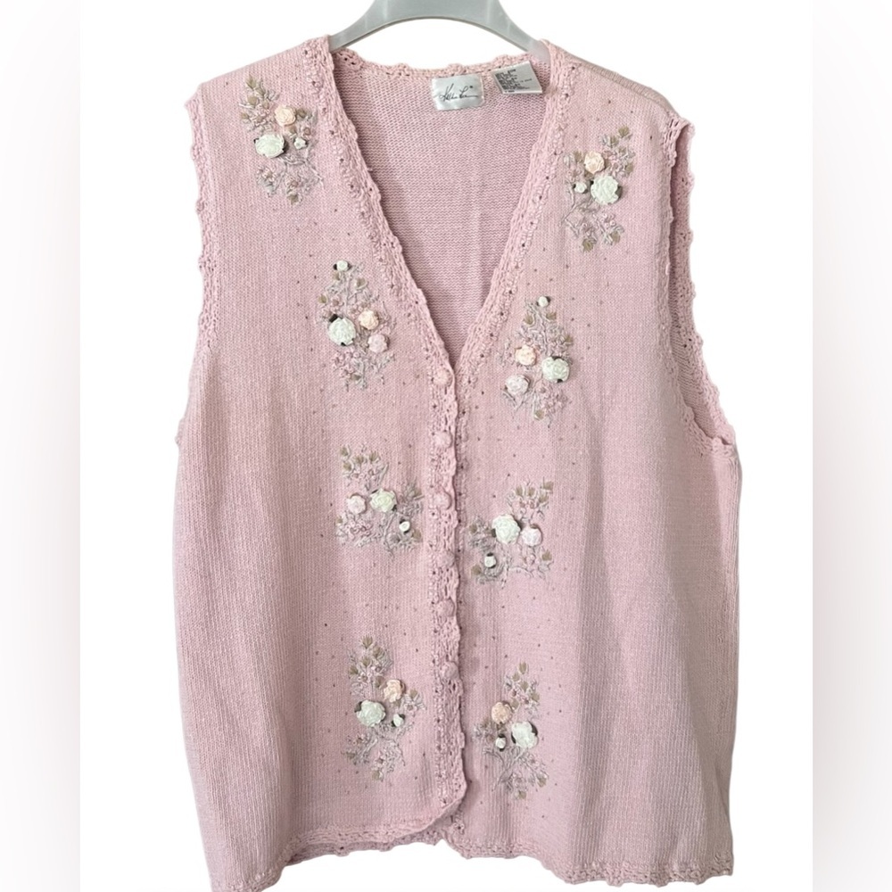 Kathy Lee Pink Y2k Embroidered Floral Knit Vest Sweater/20W